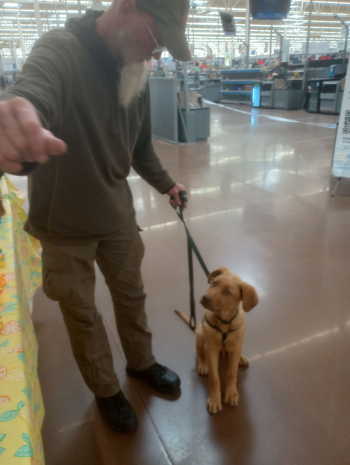 A man in a cap holds a puppy on a lead inside a large shop. The puppy looks up at the camera.